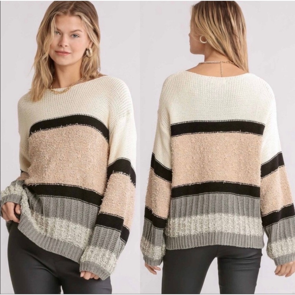 Umgee USA Oversized Colorblock Knit Sweater Neutral Boho A5068 L NEW